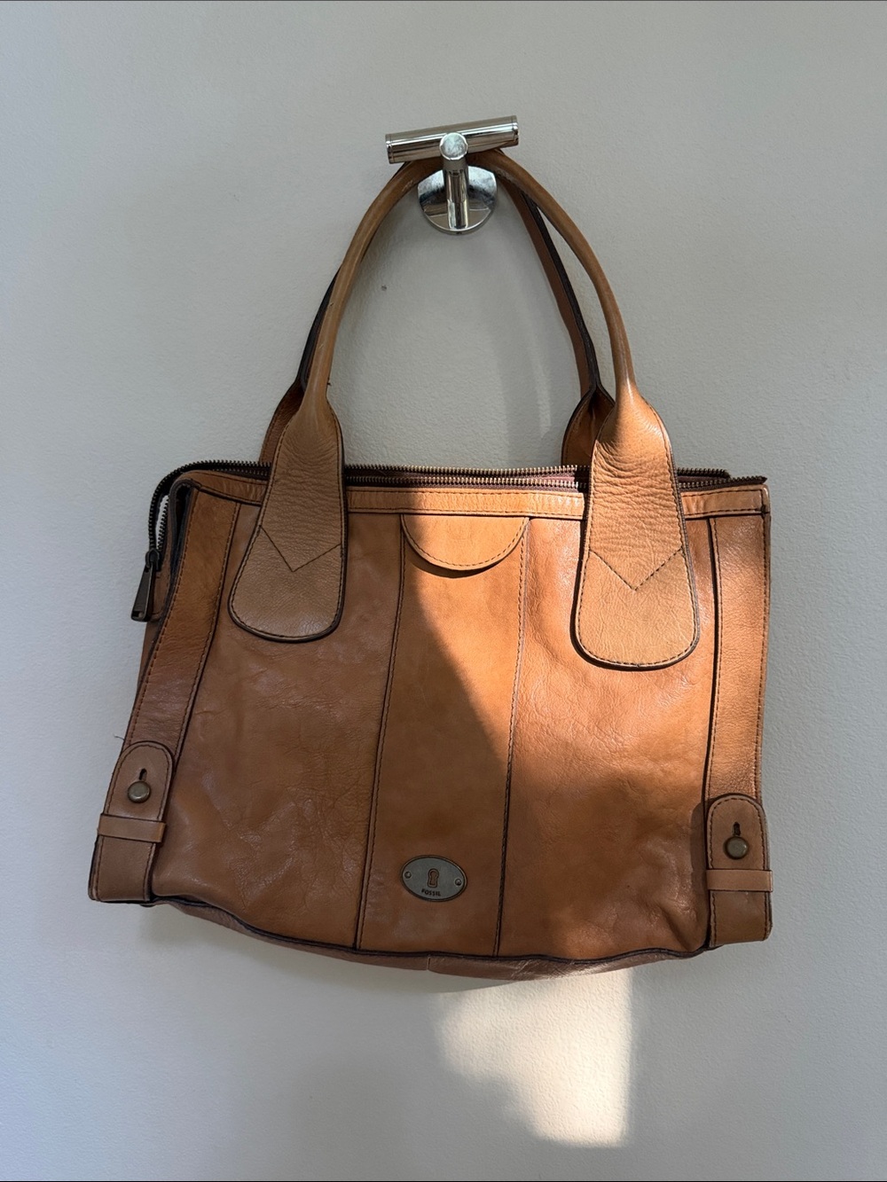 Fossil Cognac Leather Tote with Dual Handles